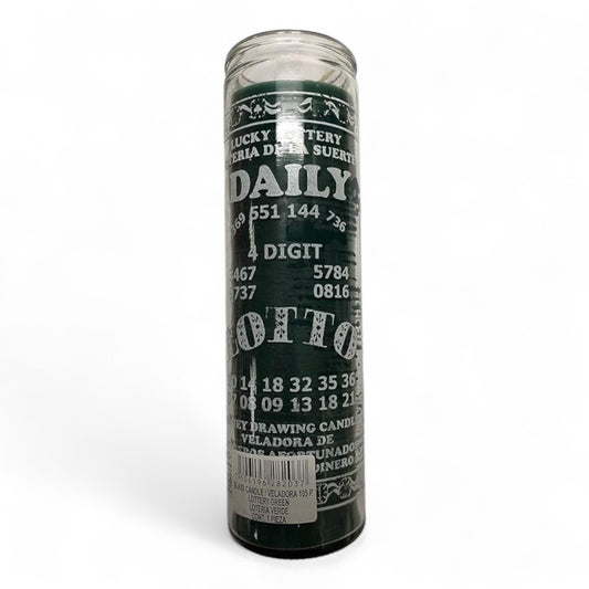 Prayer Candle 7 Day Daily Lotto 8" Loteria Diaria Unscented Pillar Candle in Glass