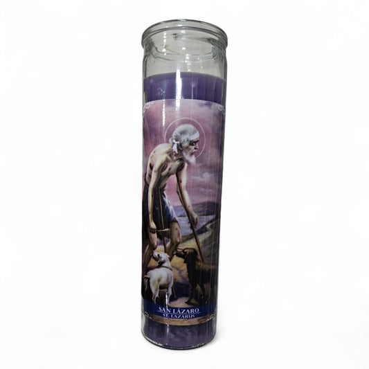Prayer Candle 7 Day ST. Lazarus 8" Vela de San Lázaro Unscented Pillar Candle in Glass