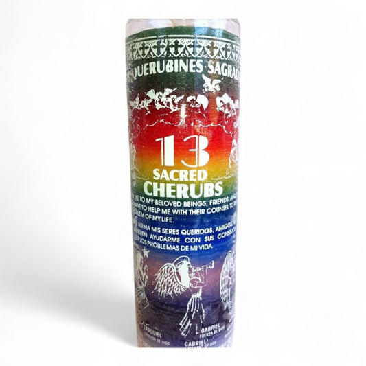 Prayer Candle 7 Day 13 Sacred Cherubs 8" Vela de 13 Sagrado Querubis Unscented Pillar Candle in Glass