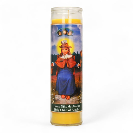 Prayer Candle 7 Day Holy Child of Atocha 8" Vela de Santo Niño de Atocha Unscented Pillar Candle in Glass