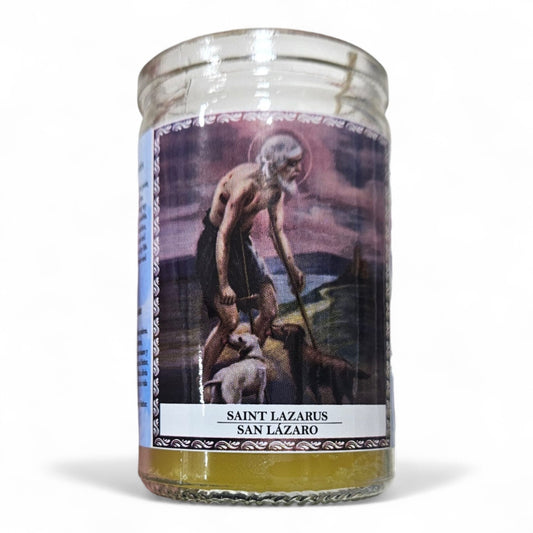 Prayer Candle 28 Hours Saint Lazarus 3.5" inch Vela de San Lazaro Unscented Pillar Candle in Glass