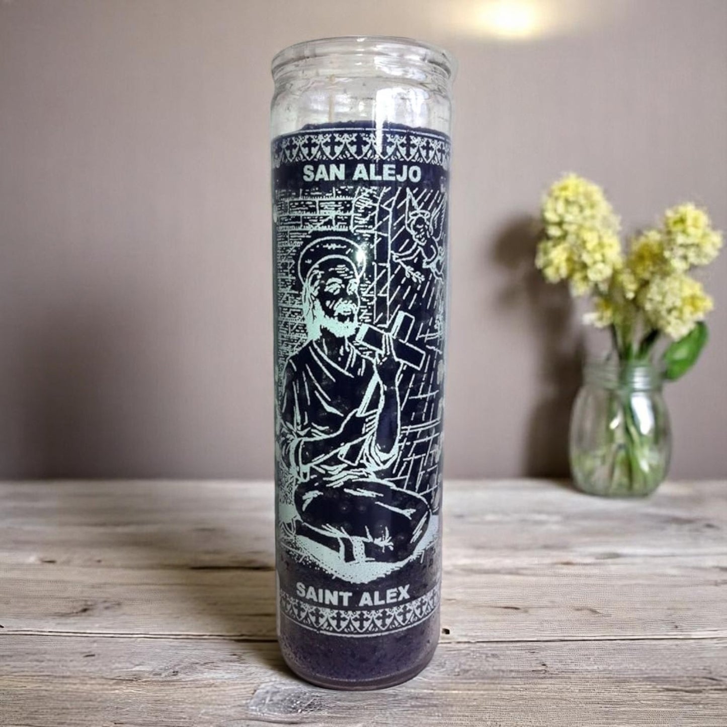 Prayer Candle 7 Day Saint Alex 8" San Alejo Unscented Pillar Candle in Glass