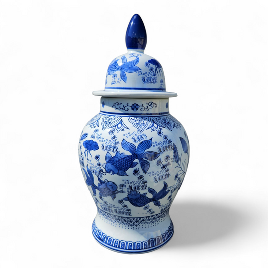 Olokun Porcelain Ginger Jar Potiche 17” – Sopera de Porcelana Azul y Blanca con Peces, Decorative Vase for Santería, Yoruba Orisha Altar, Home Decor Set